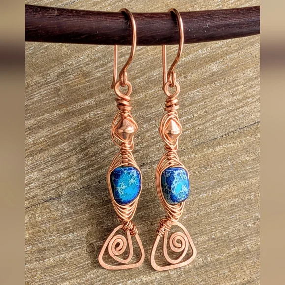 Eclectic Copper Earrings Vibrant Coastal Blue Jasper Artisan Crafted Jewelry - Picture 5 of 11